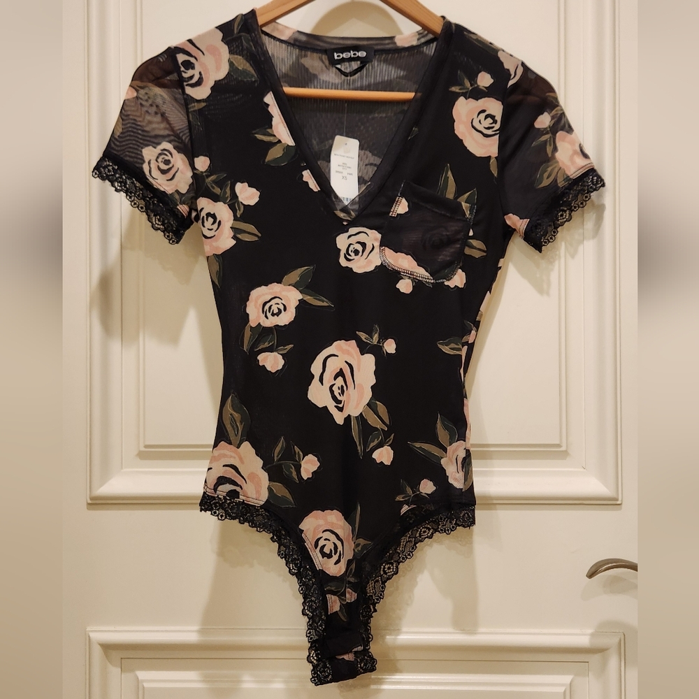 Bebe Black and Pink Floral Lace Bodysuit NWT
